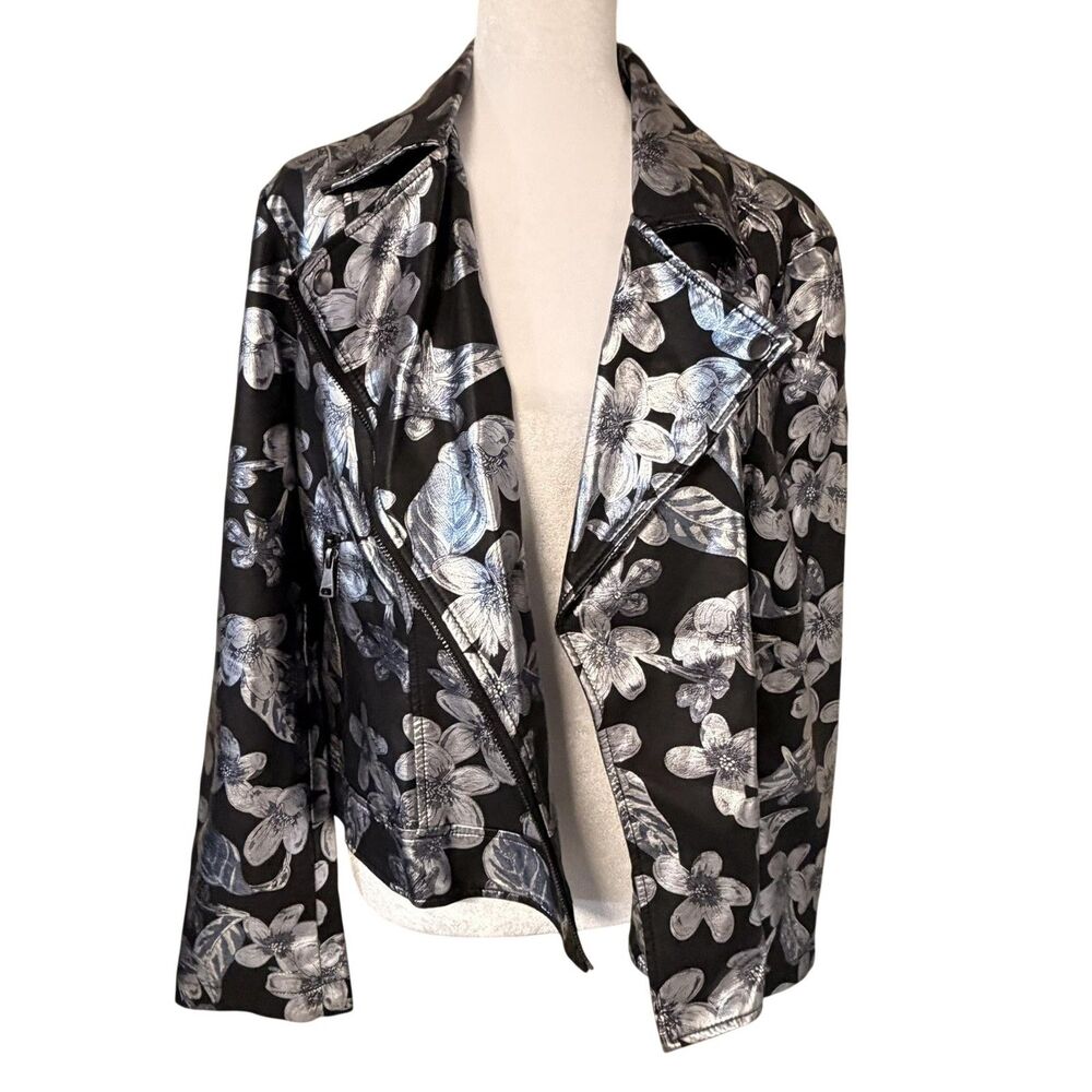 Kate & Mallory Jacket Womens Large Black Floral Faux Leather Moto Zip Biker